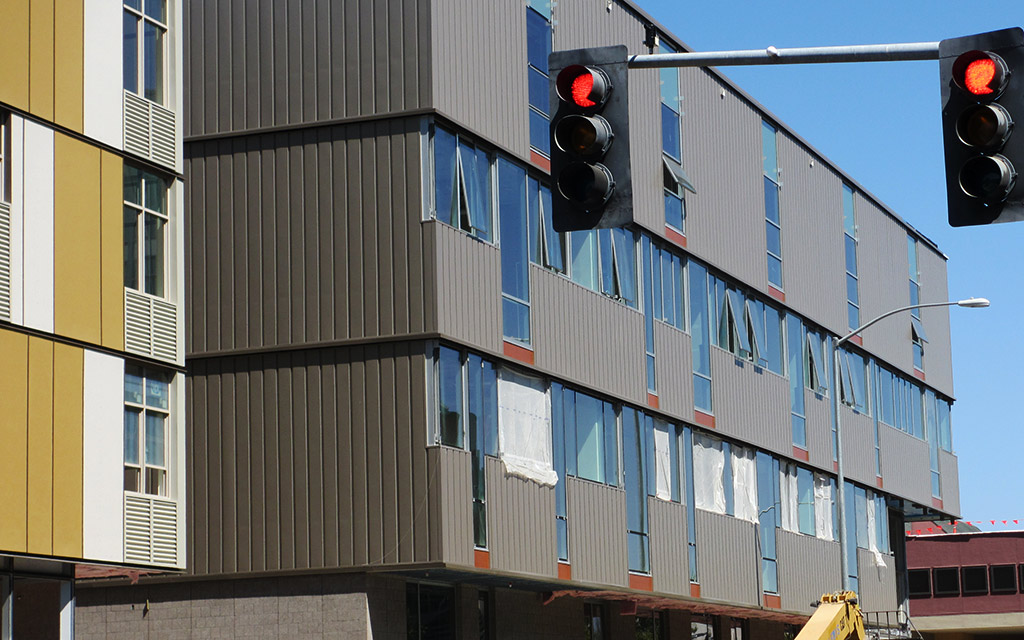 Lane Community College featuring AEP Span's Prestige Series® siding panels in a Cool Metallic Champagne color.